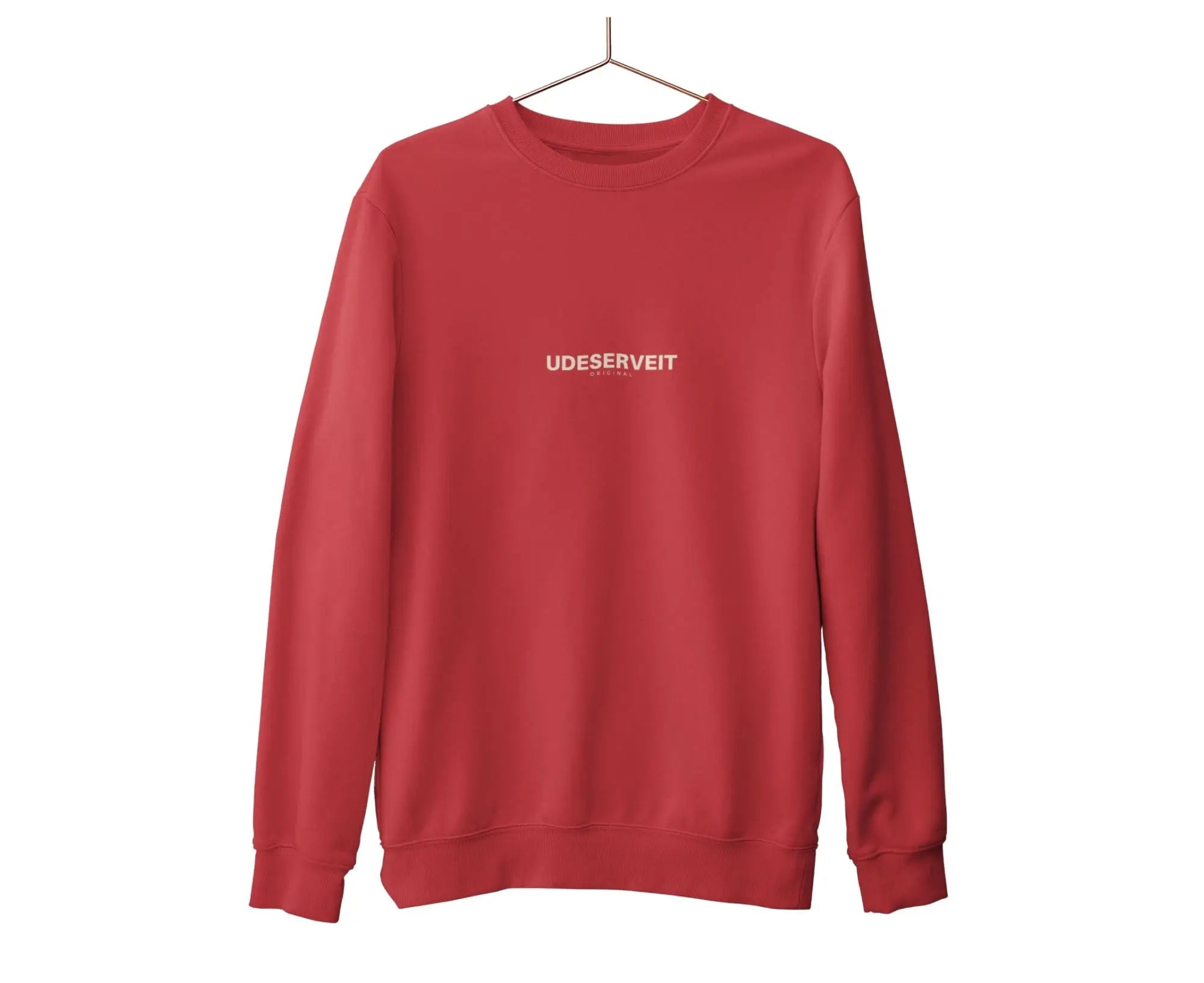 Red sweatshirt with 'UDESERVIT' text on a white background