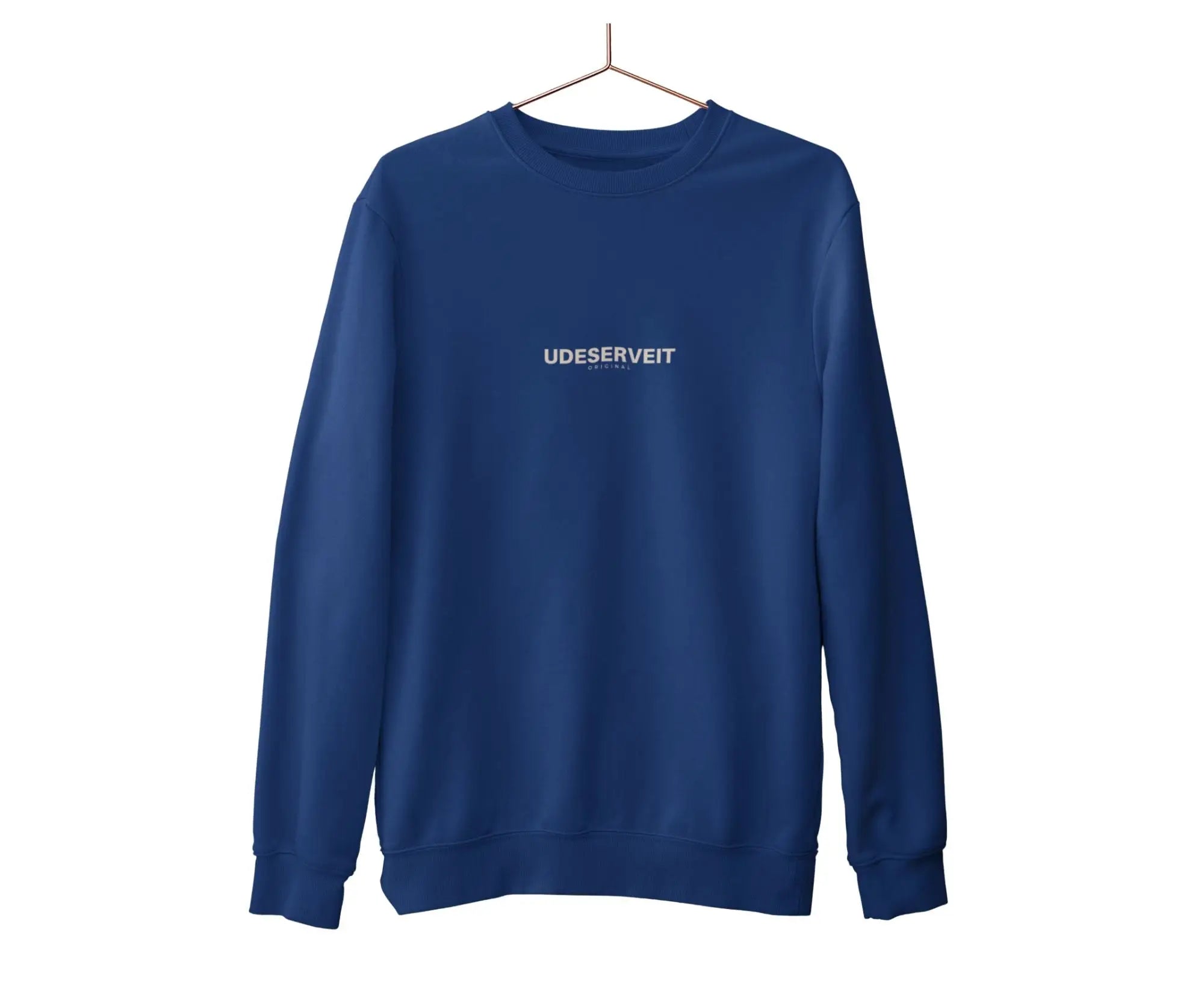 Blue sweatshirt with 'UDESERVET' text on a white background