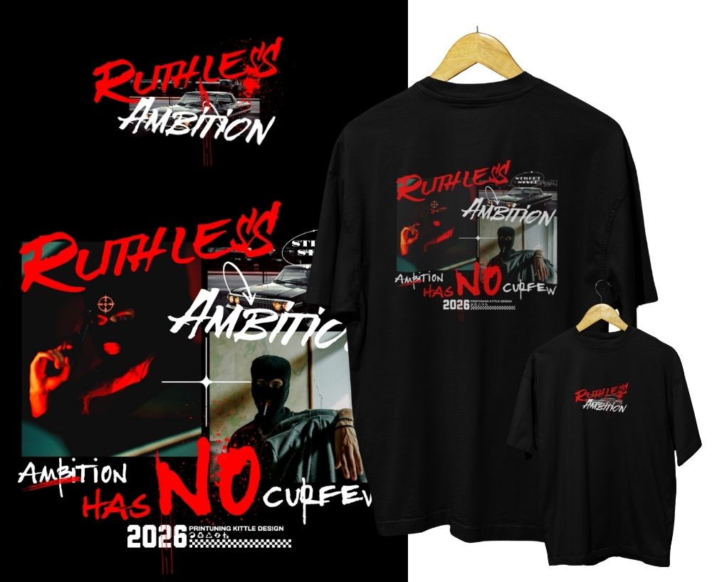 Black t-shirt with 'Ruthless Ambition' graphic design on a white background