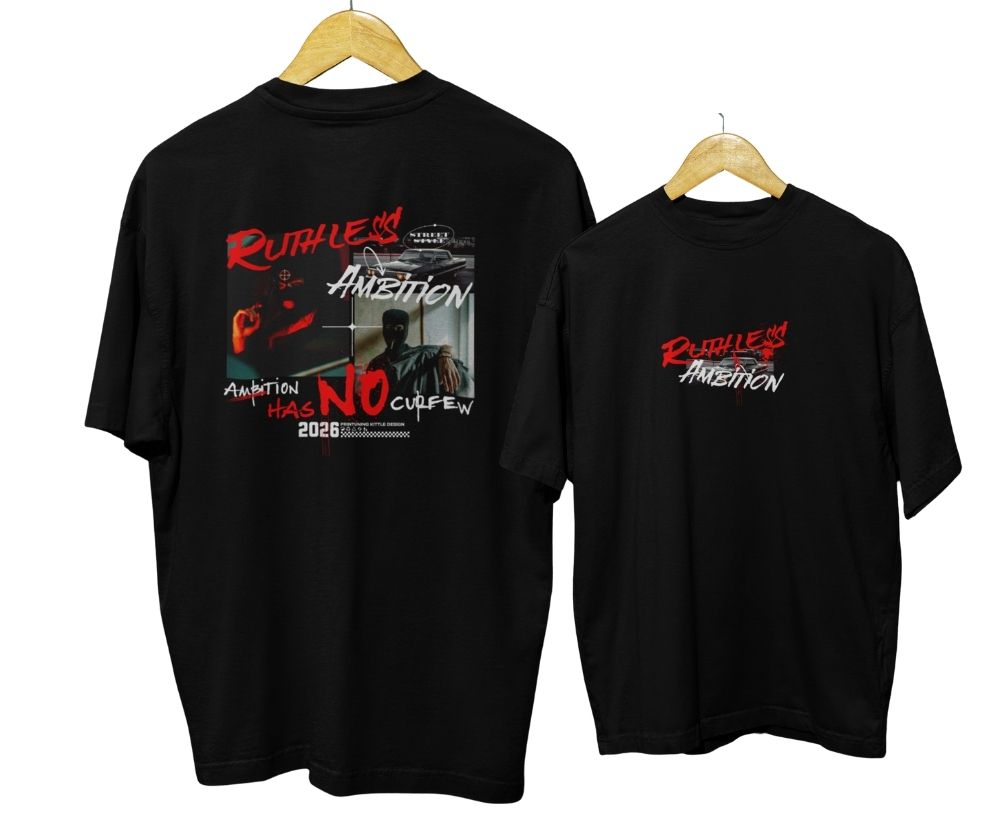 Black t-shirt with graphic design and text on a white background