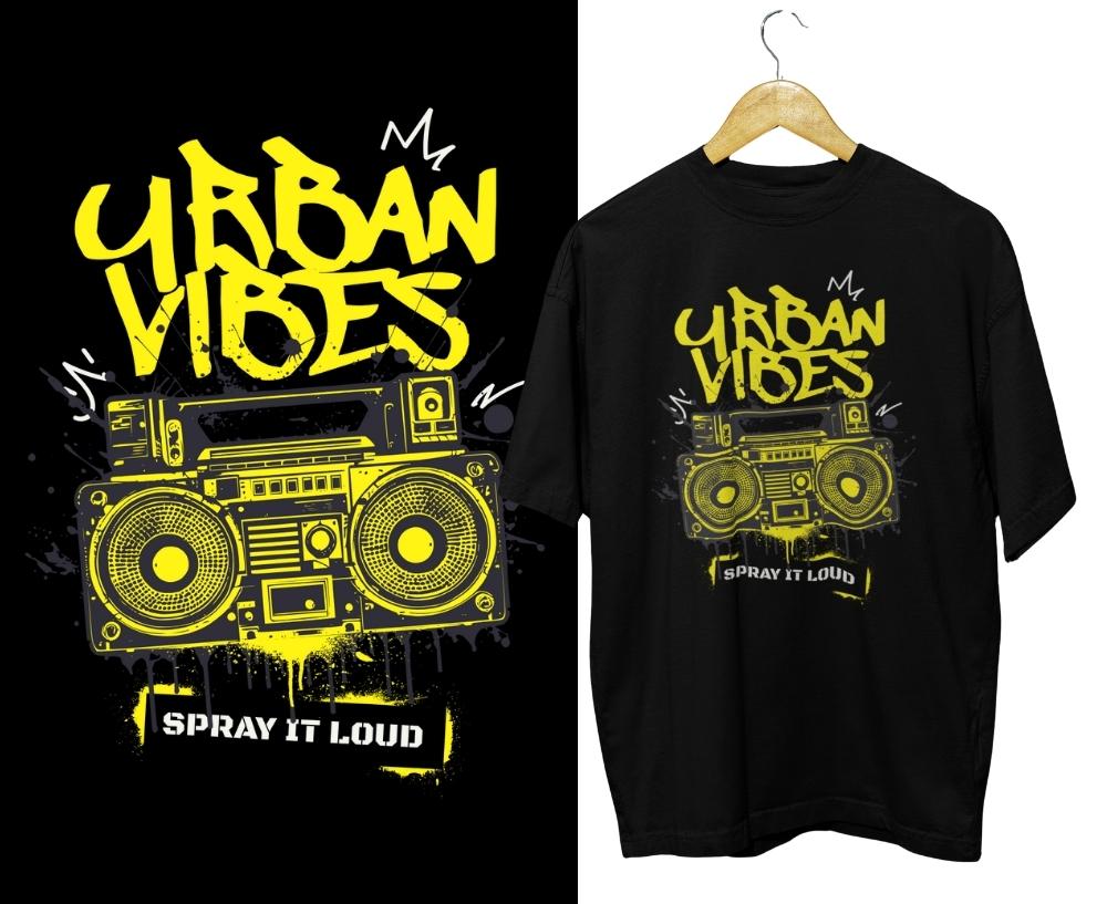 Black t-shirt with yellow 'Urban Vibes' graphic design featuring a boombox on a hanger.
